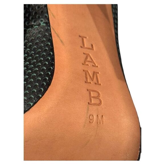 L.A.M.B. Bee Pump Perforated Mesh Leather Black Green Point Toe Slim Heel Sz 9 - Picture 12 of 13
